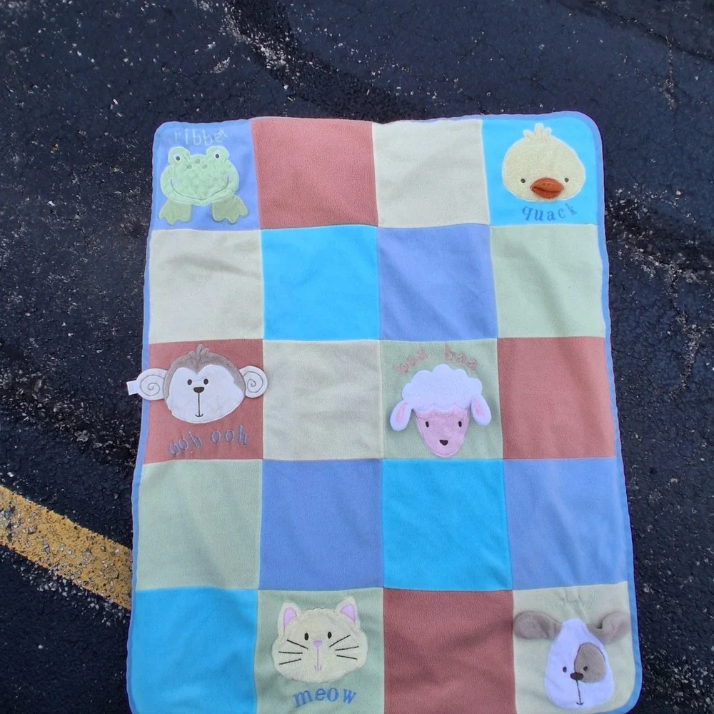 Vintage Baby Activity Blanket Rattle Crinkle Rainbow Monkey Duck Puppy Kitty